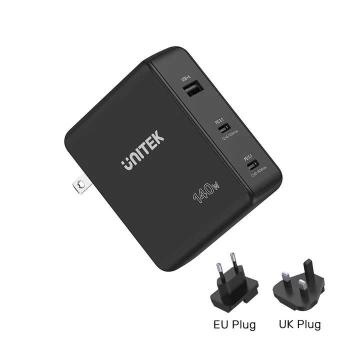Unitek 140W 3-in-1 GaN Travel Charger (2*PD + QC3.0), With EU/UK Plugs, 2M USB-C PD P1115A
