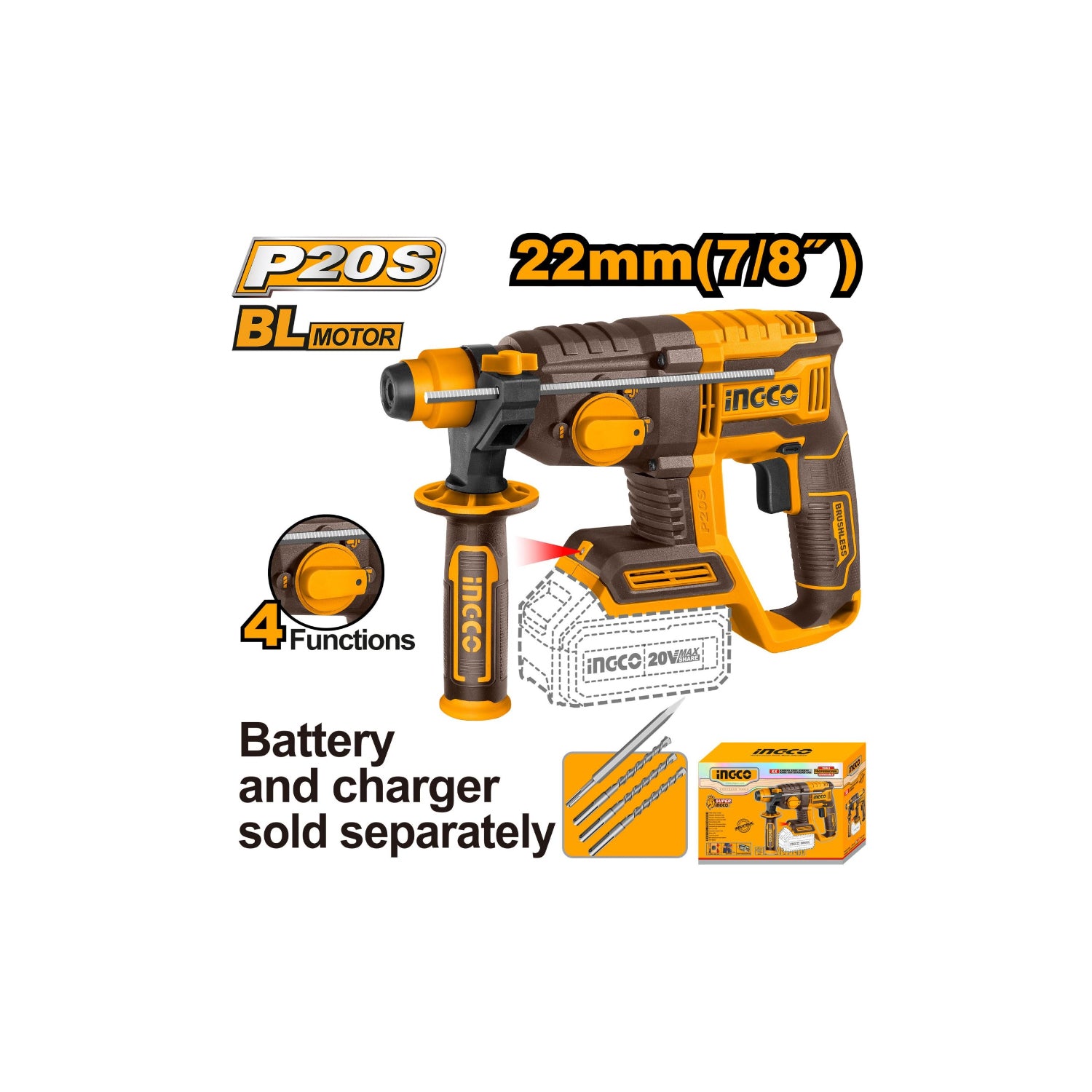 INGCO Cordless Rotary Hammer BL Motor 20V, 22mm, SDS Plus CRHLI20208 | Power Tools