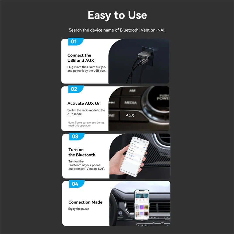 Vention USB Car Bluetooth 5.4 Audio Receiver with Coiled Cable 1.5M Gray Zinc Alloy NAIHG | CABLES & ADAPTERS Vention USB Car Bluetooth 5.4 Audio Receiver with Coiled Cable 1.5M Gray Zinc Alloy NAIHG | CABLES & ADAPTERS