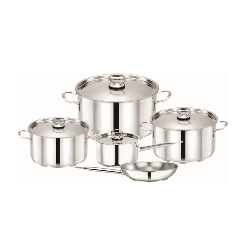 Pradeep 9 Pcs Stainless Steel Cookware Set Design Lid Pots 28 + 24 + 20cm + 18cm Saucepan With Design Lid + 24cm Fry Pan TPR034