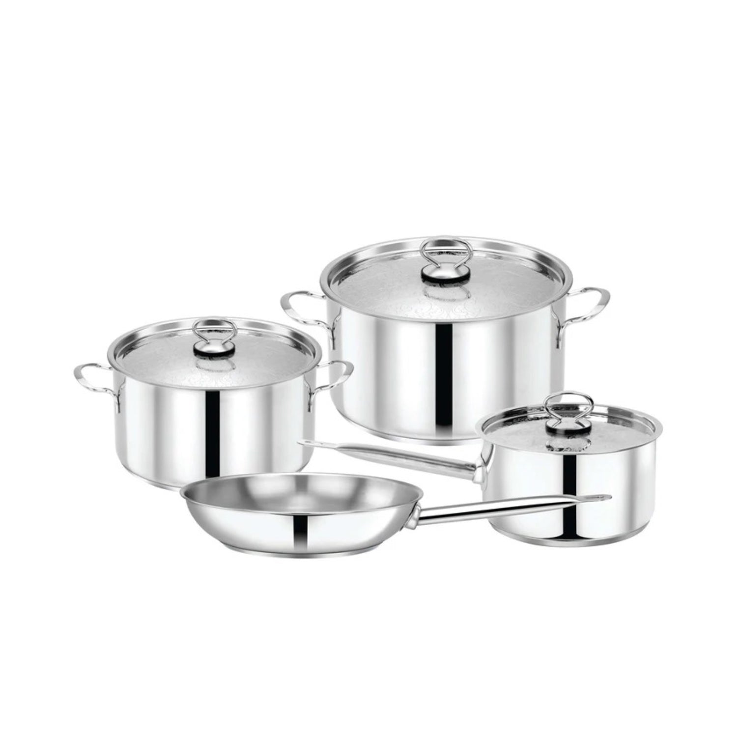 Pradeep 7 Pcs Stainless Steel Cookware Set Design Lid Pots 26 + 20cm + 18cm Saucepan With Design Lid + 26cm Fry Pan TPR035 | Kitchen Appliance