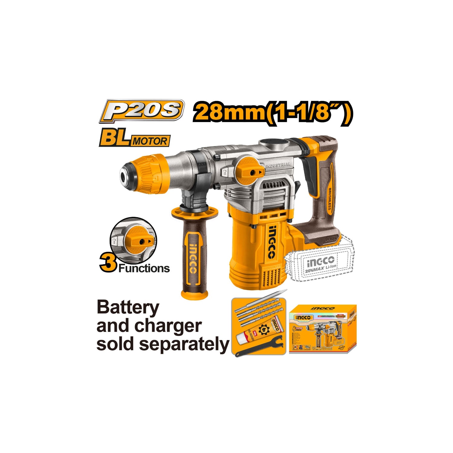 INGCO Cordless Rotary Hammer BL Motor 20V, 28mm, SDS Plus CRHLI20288 | Power Tools INGCO Cordless Rotary Hammer BL Motor 20V, 28mm, SDS Plus CRHLI20288 | Power Tools