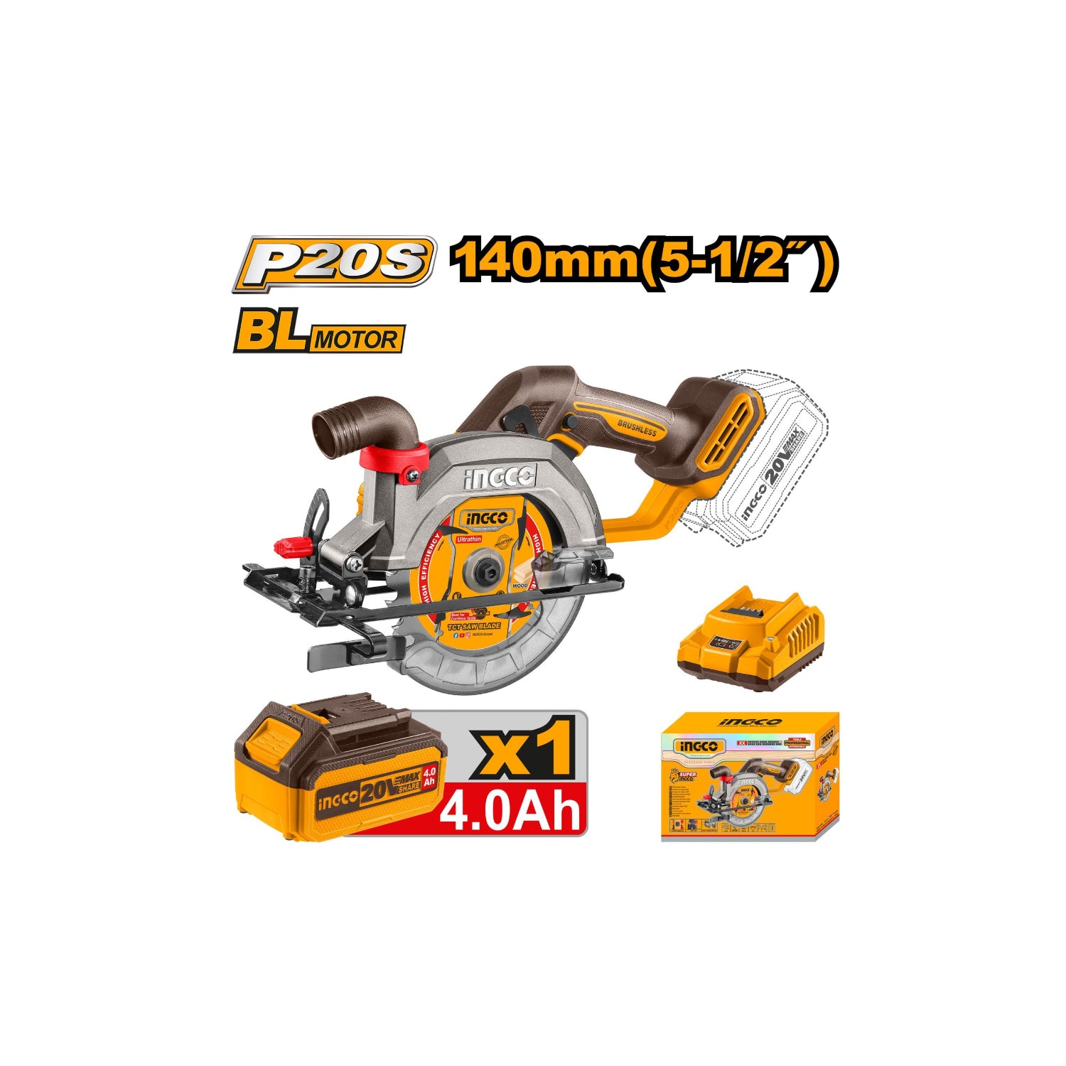 INGCO Cordless Circular Saw BL Motor 20V, 140mm CSLI14021 | Power Tools
