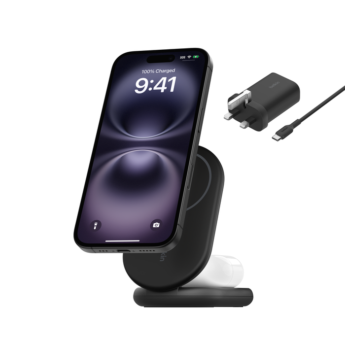 Belkin Boostcharge 2-in-1 Wireless Charging Stand With Magnetic Qi2 15W Black WIZ028myBK | Batteries, Chargers & Starter Kits
