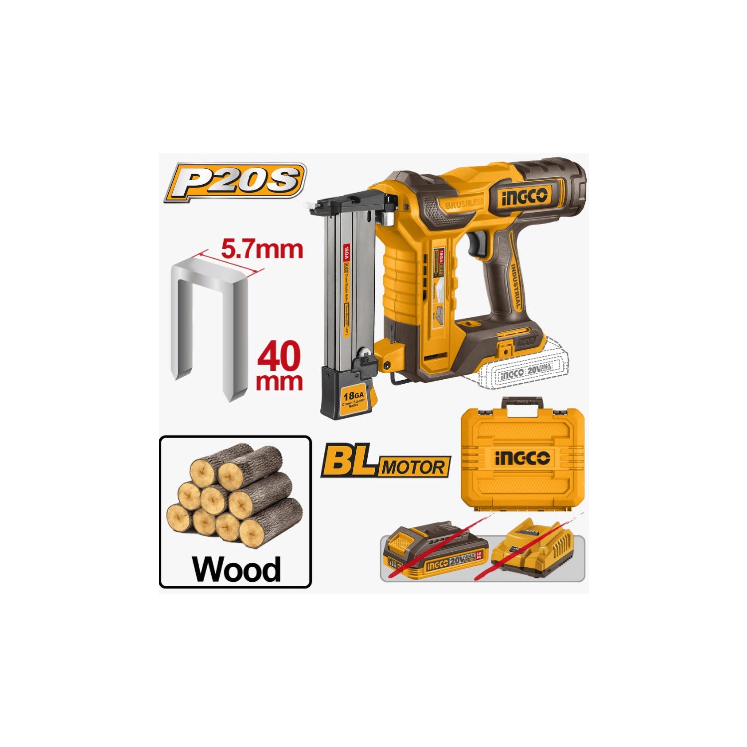 INGCO Cordless Crown Stapler Nailer 20V, 40mm CCSNLI6005 | Power Tools INGCO Cordless Crown Stapler Nailer 20V, 40mm CCSNLI6005 | Power Tools