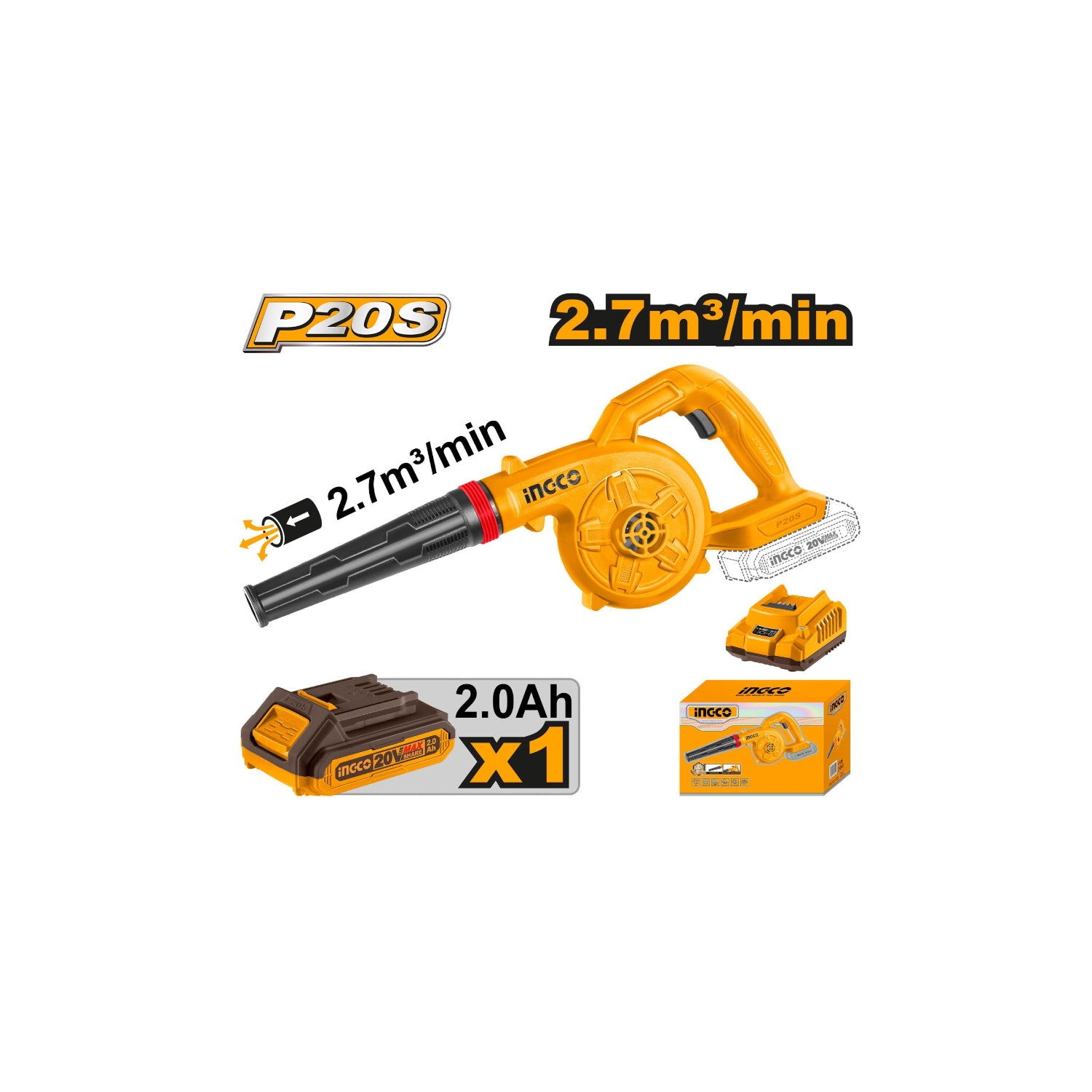 INGCO Cordless Blower 20V, 2.7m³/min CABLI200281 | Cleaning Tools