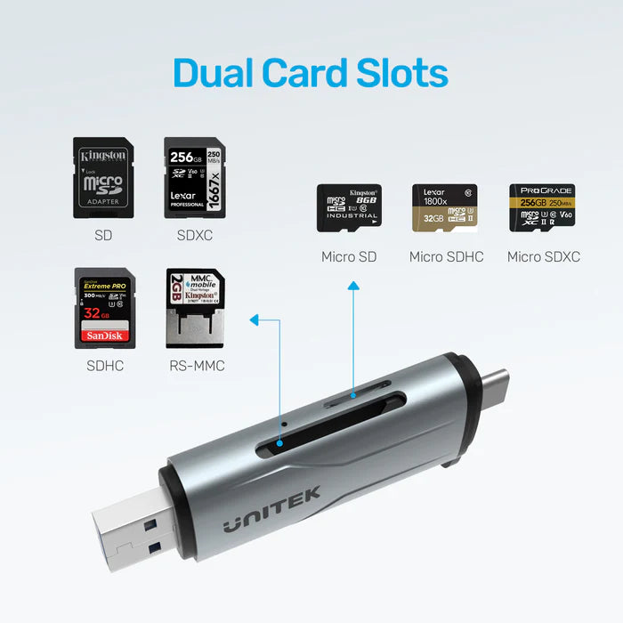 Unitek USB Dual A/C to Micro SD/SD Card Reader, Space Grey R1010A