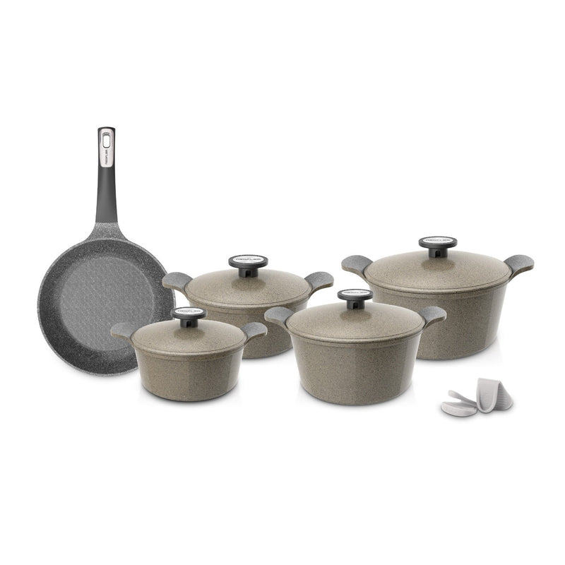 Neoflam 11 Pcs Die-Cast Pote A Set (Casseroles 20+22+24+26cm) + Frypan 26cm + Silicone Grips 2 Pcs Warm Beige Marble TNE005