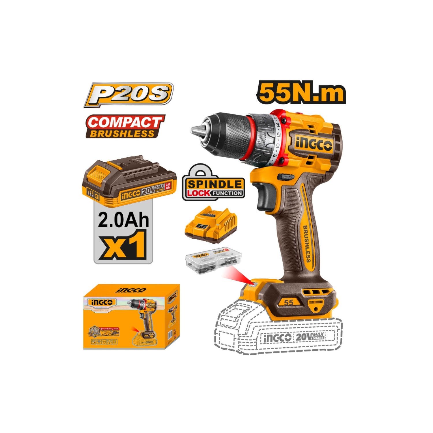 INGCO Compact Brushless Cordless Drill 20V, 55Nm CDLI205582 | Power Tools