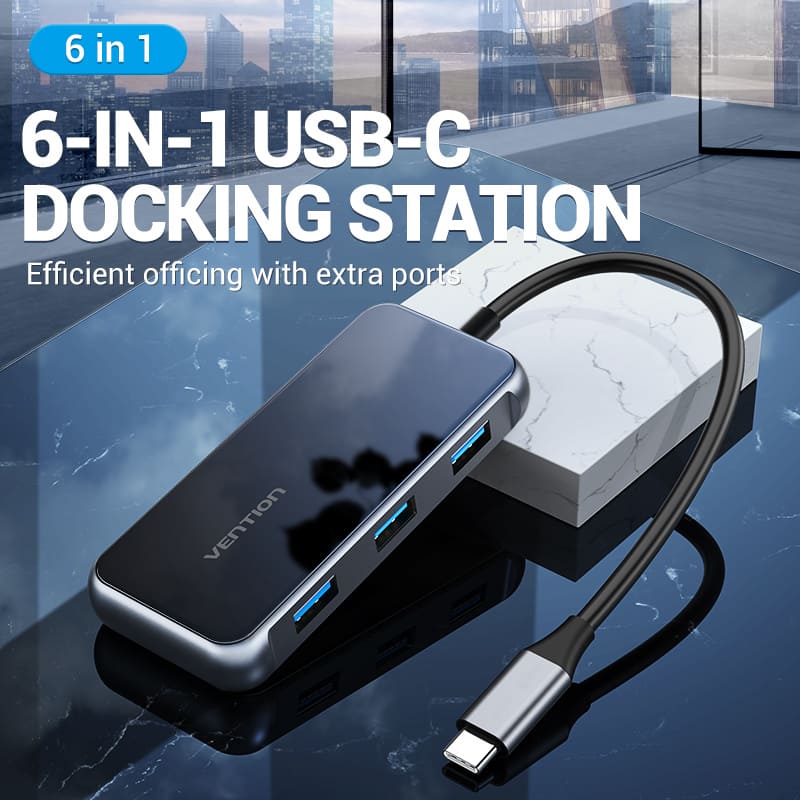 Vention USB-C to HDMI (4K-60Hz) / USB3.0x3 / RJ45 / PD Docking Station 0.15M Gray Mirrored Surface TFFHB