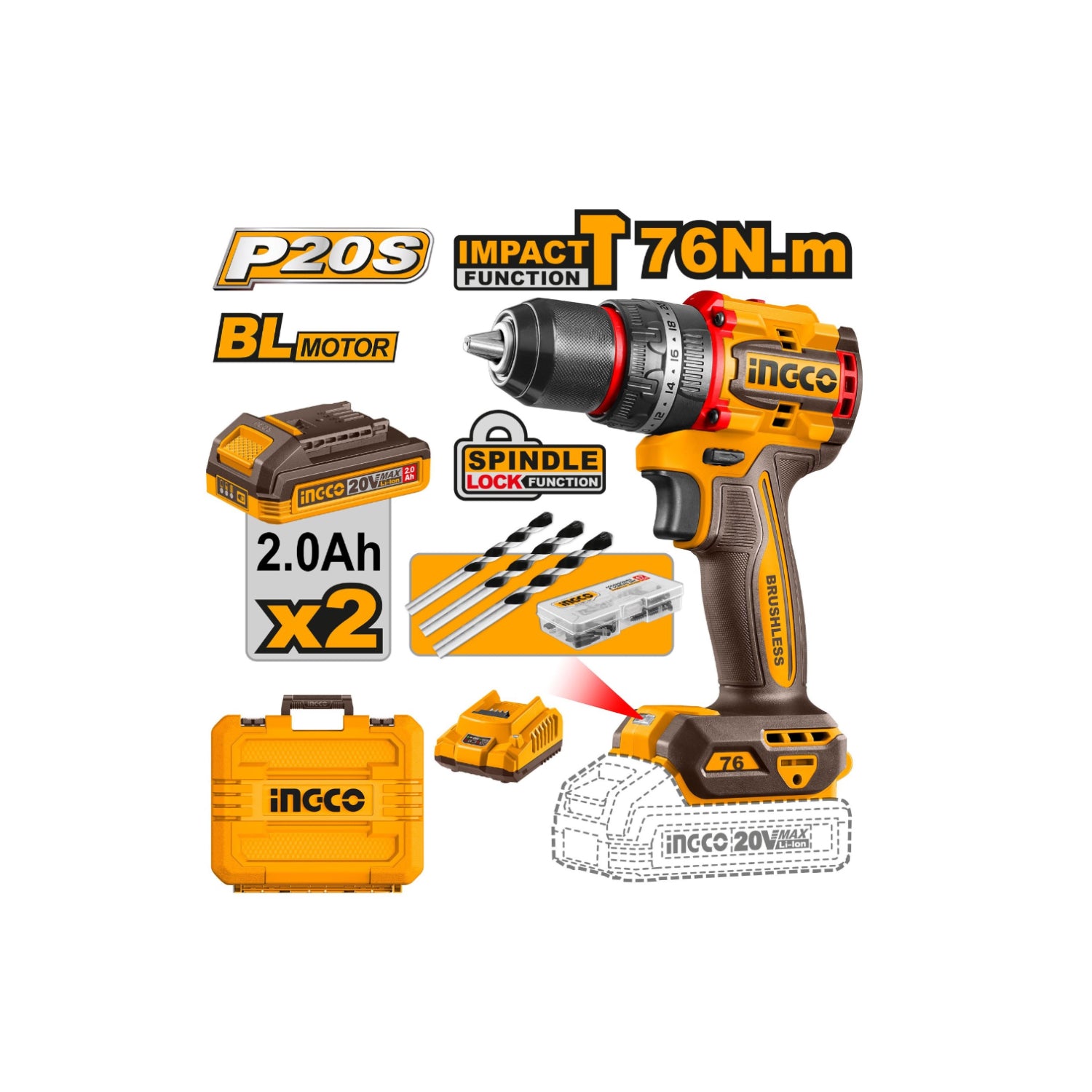 INGCO Compact Brushless Cordless Impact Drill 20V, 76Nm CIDLI20768 | Power Tools