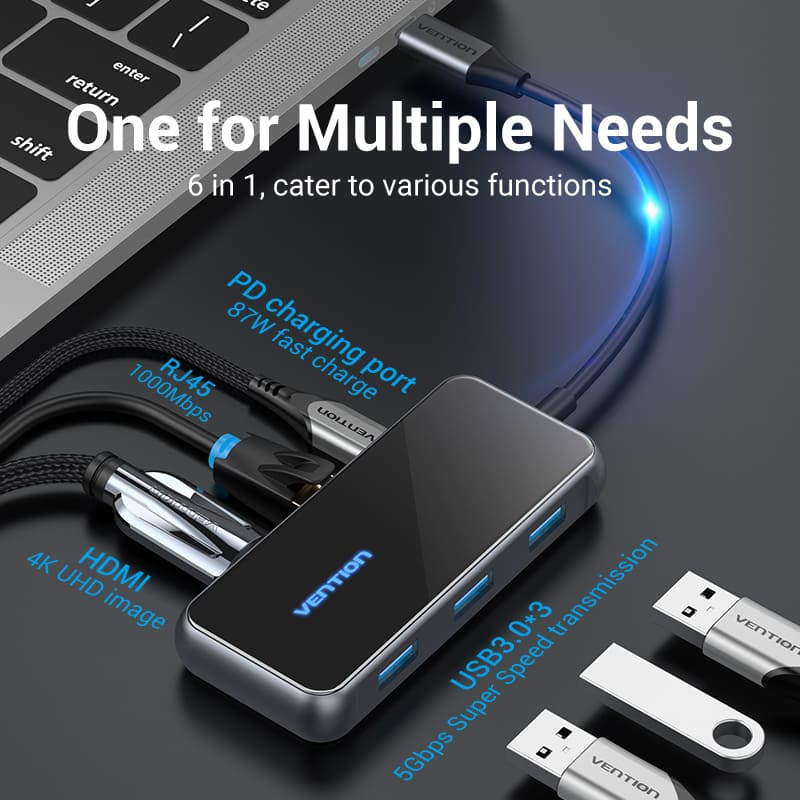 Vention USB-C to HDMI (4K-60Hz) / USB3.0x3 / RJ45 / PD Docking Station 0.15M Gray Mirrored Surface TFFHB