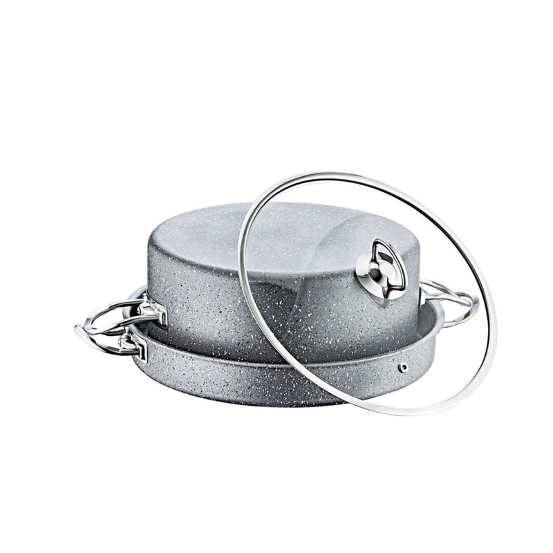 O.M.S. Granite Maqluba 3 Pcs Cooking Set Tray With Handel 32cm Pot 28cm And Glass Lid Gray TOM010