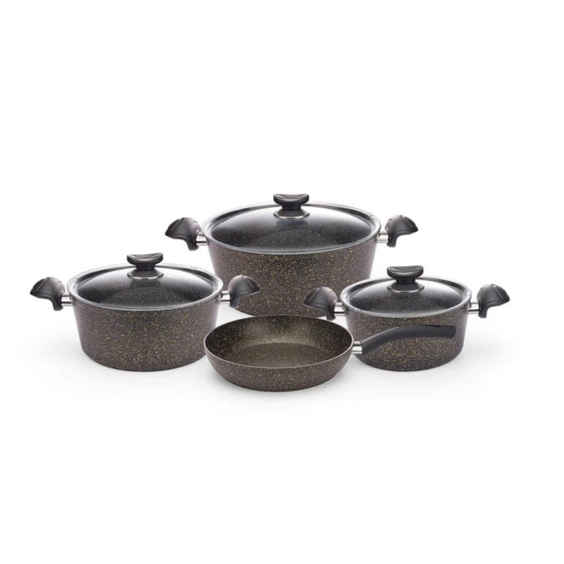 O.M.S. Granite 7 Pcs Cooking Set Pots 28+24+20 Cm + Frypan 24 Cm With Glass Lid Black TOM016