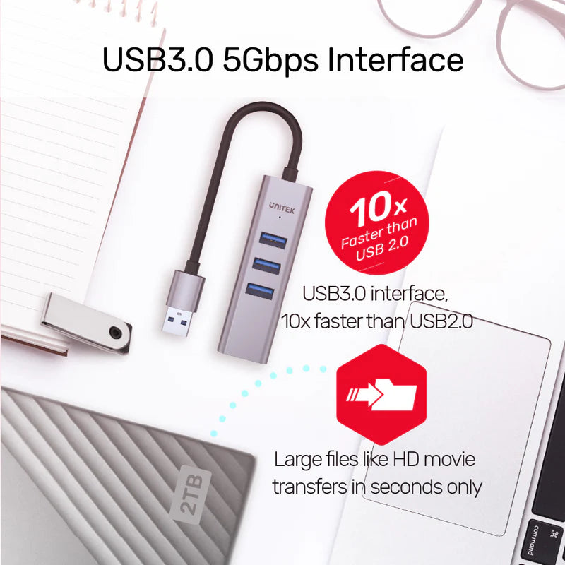 Unitek 4-in-1 USB-C 5Gbps Hub with USB-A Adapter (3*USB3.0 + Gigabit Ethernet), Space Grey Y-3088B | CABLES & ADAPTERS Unitek 4-in-1 USB-C 5Gbps Hub with USB-A Adapter (3*USB3.0 + Gigabit Ethernet), Space Grey Y-3088B | CABLES & ADAPTERS