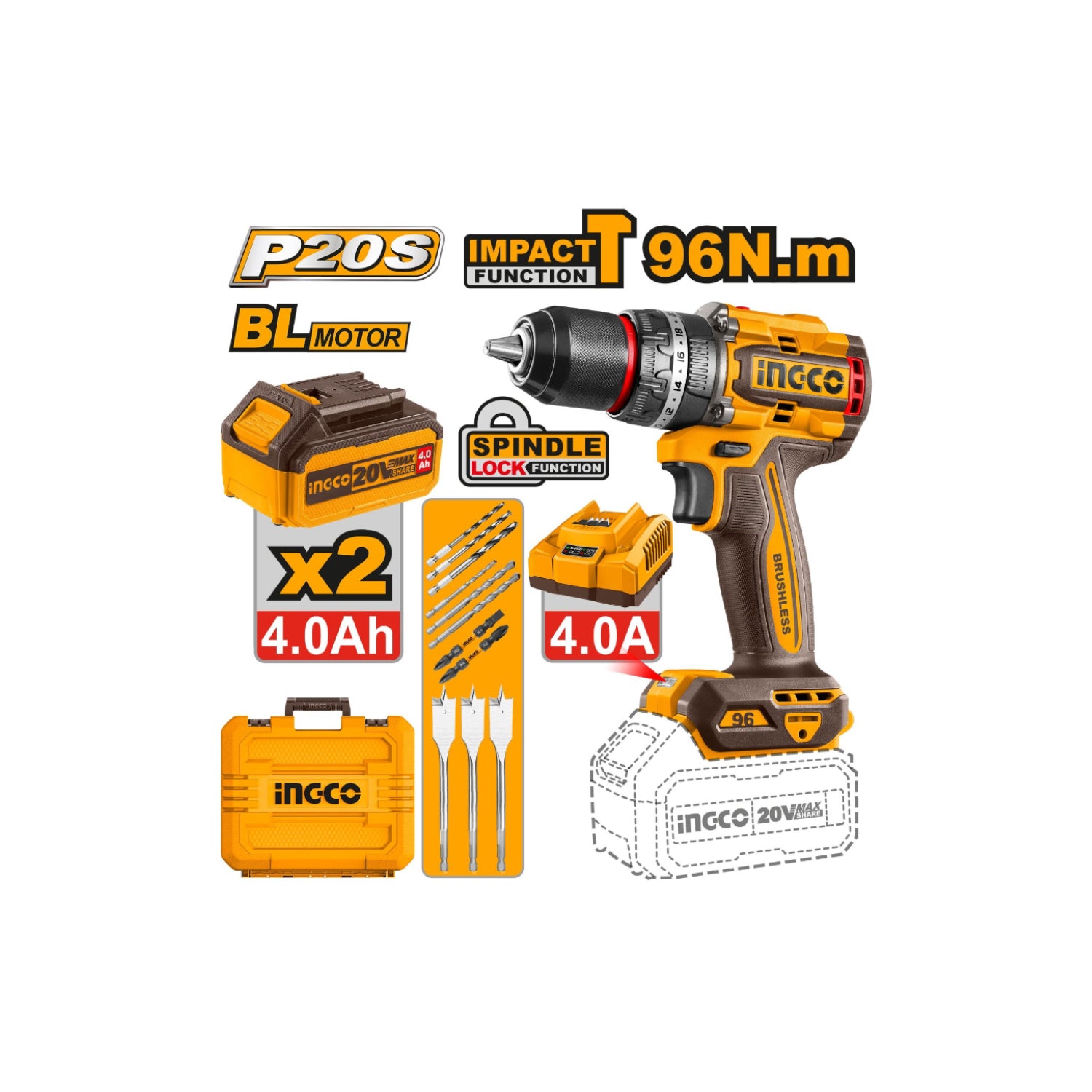 INGCO Brushless Cordless Impact Drill 20V, 96Nm CIDLI20968 | Power Tools
