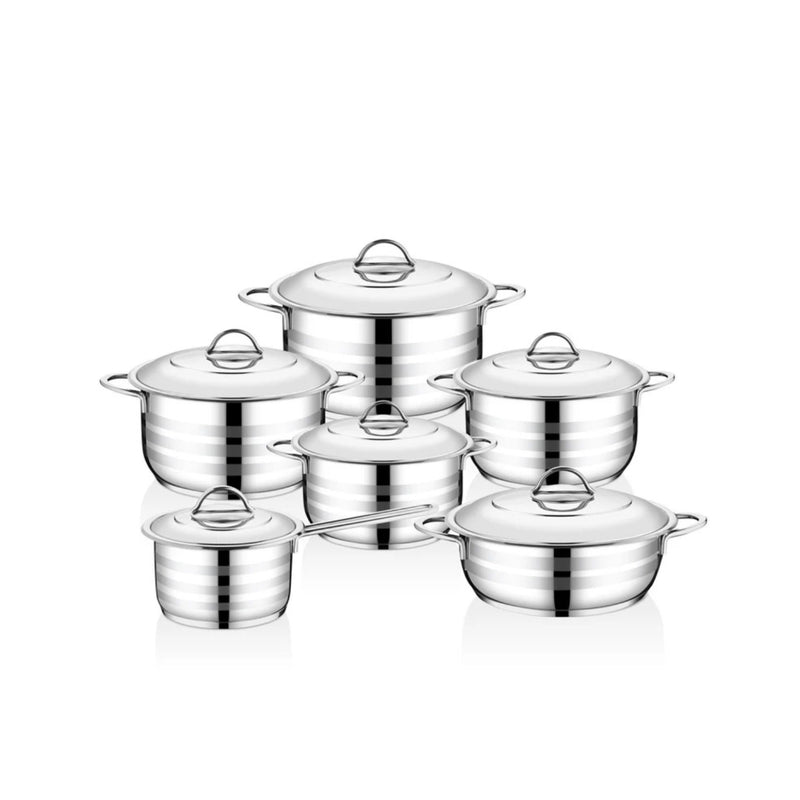 O.M.S. 12 Pcs Stainless Steel Cookware Set Saucepan 16 + Pots  18 + 22 + 24 +28 + Low Pot 26cm TOM045