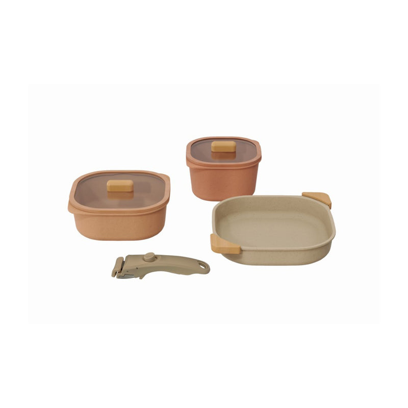 Neoflam 7 Pcs Fika Object Comfort Set Square (Casserole 16 Cm + Low Casserole 20 Cm + Square Frypan 25 Cm + Silicone Rim Glass Lids 16 Cm, 20 Cm + Detachable Handle + Wood Grip 2 Pcs + Fabric Pan Protector 1 Pc Terracotta Marble TNE015