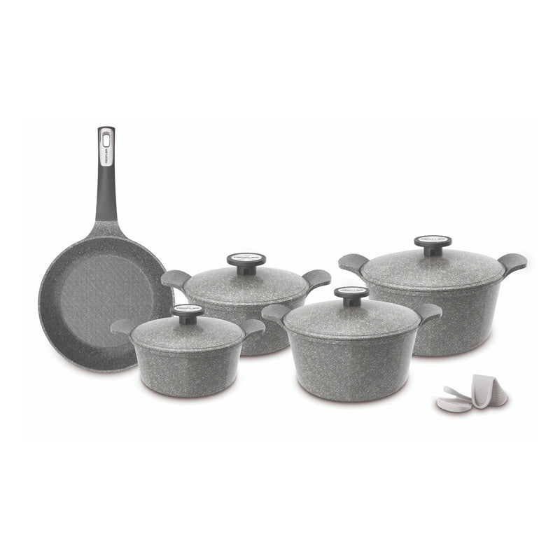 Neoflam 11 Pcs Die-Cast Pote B Set (Casseroles 20+22+24+28cm) + Frypan 24cm + Silicone Grips 2 Pcs Grey Marble TNE003
