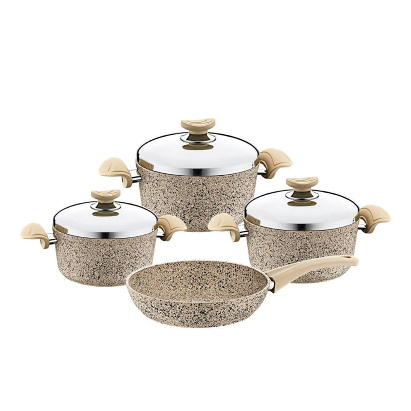 O.M.S. Granite 7 Pcs Cooking Set Pots 28+24+20cm + Frypan 24cm With Glass Lid Beige TOM015
