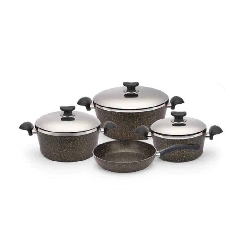 O.M.S. Granite 7 Pcs Cooking Set Pots 28+24+20cm + Frypan 24cm With SS Lid Black TOM019