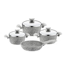 O.M.S. Granite 7 Pcs Cooking Set Pots 28+24+20cm + Frypan 24cm With SS Lid Gray TOM020