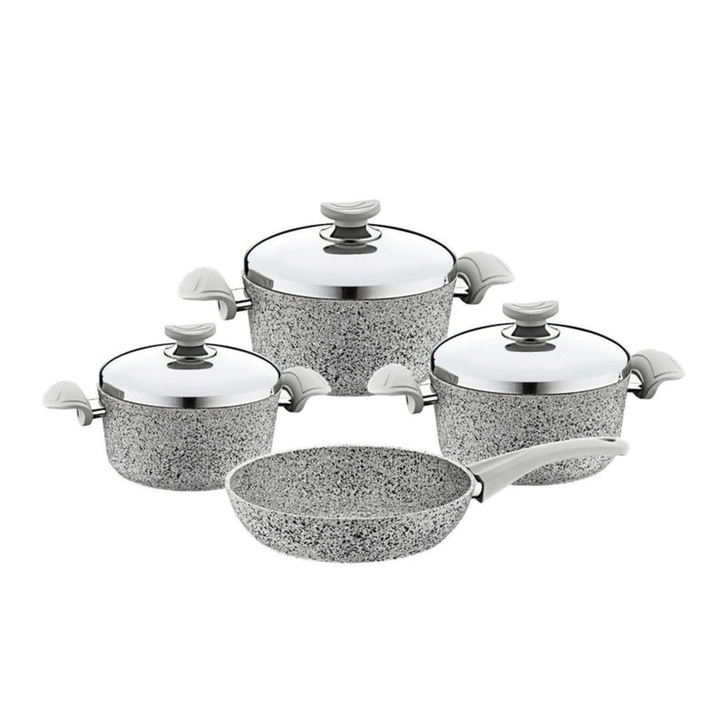 O.M.S. Granite 7 Pcs Cooking Set Pots 28+24+20cm + Frypan 24cm With SS Lid Gray TOM020