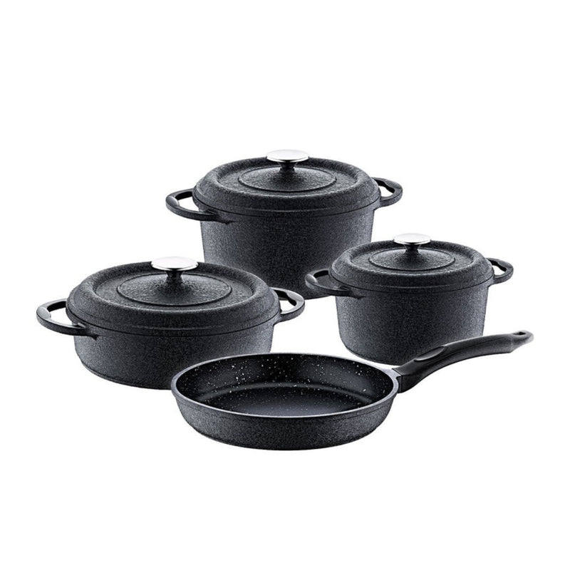 O.M.S. Die-cast Quartz Prime 7 Pcs Cooking Set Pots 26+24+20cm + Frypan 26cm Black TOM022