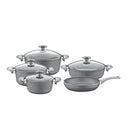 O.M.S. Granite 9 Pcs Cooking Set With Glass Lid Pots 28+24+20cm + Shallow Pot 28cm + Frypan 28cm Gray TOM025