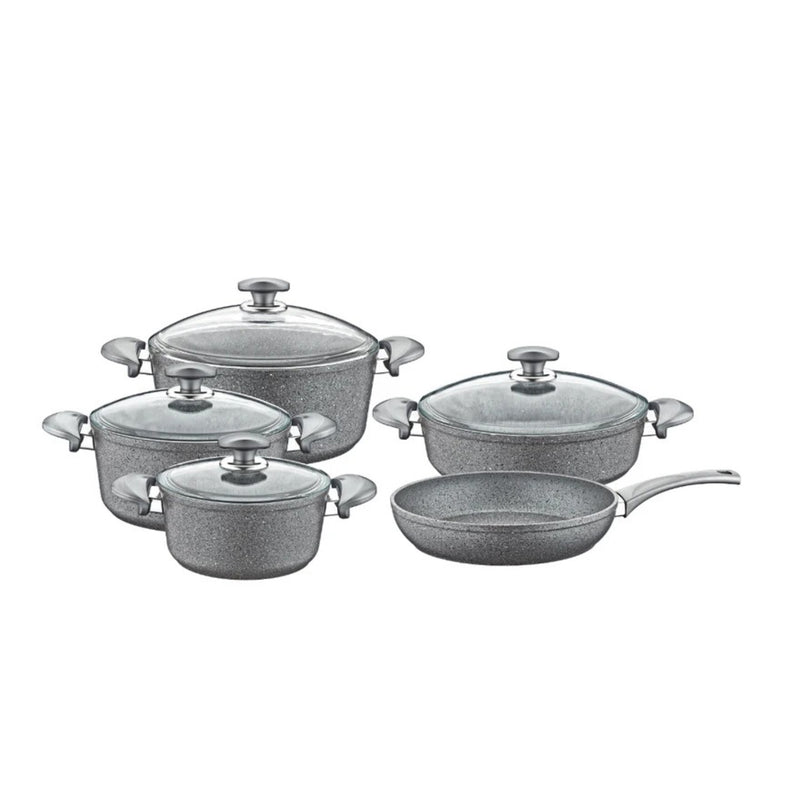 O.M.S. Granite 9 Pcs Cooking Set With Glass Lid Pots 28+24+20cm + Shallow Pot 28cm + Frypan 28cm Gray TOM025