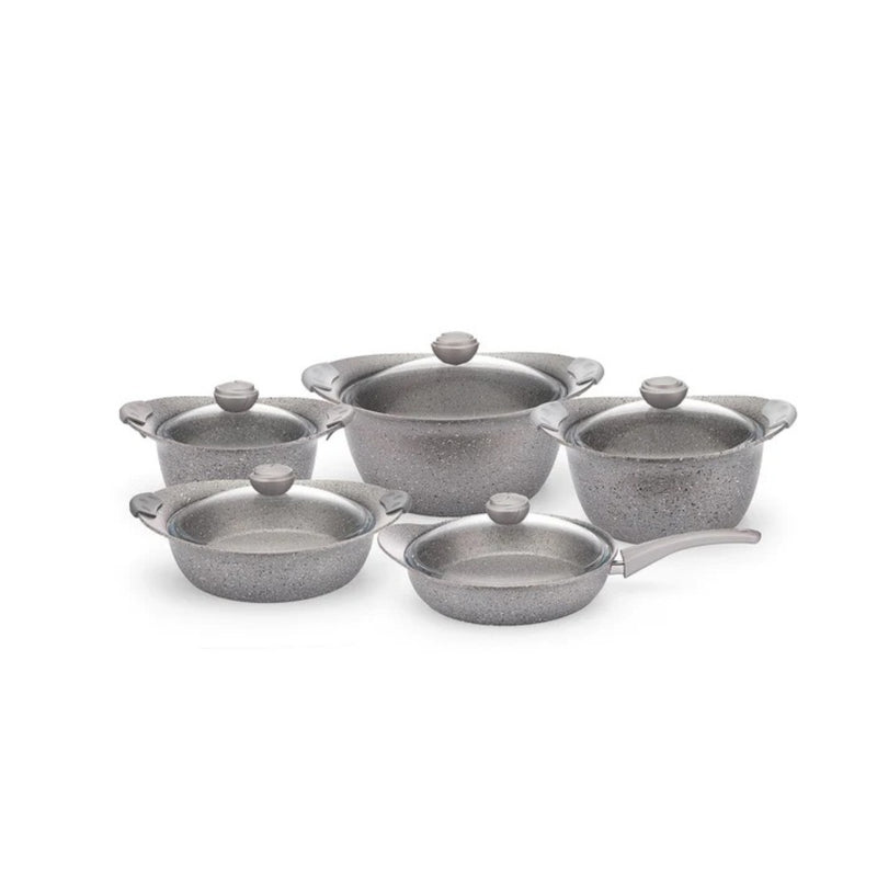 O.M.S. Granite 10 Pcs Cooking Set With Glass Lid Pots 28+24+20cm + Shallow Pot 26cm + Frypan With Glass Lid 26cm Gray TOM027