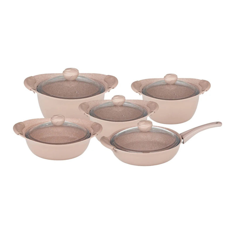 O.M.S. Granite 10 Pcs Cooking Set With Glass Lid Pots 28+24+20cm + Shallow Pot 26cm + Frypan With Glass Lid 26cm Brown TOM028
