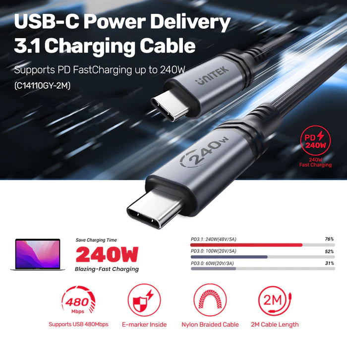 Unitek 2M USB Type-C 240W 48V 5A Power Delivery 3.1 Braided Charging Cable C14110GY-2M | Computer Accessories Unitek 2M USB Type-C 240W 48V 5A Power Delivery 3.1 Braided Charging Cable C14110GY-2M | Computer Accessories