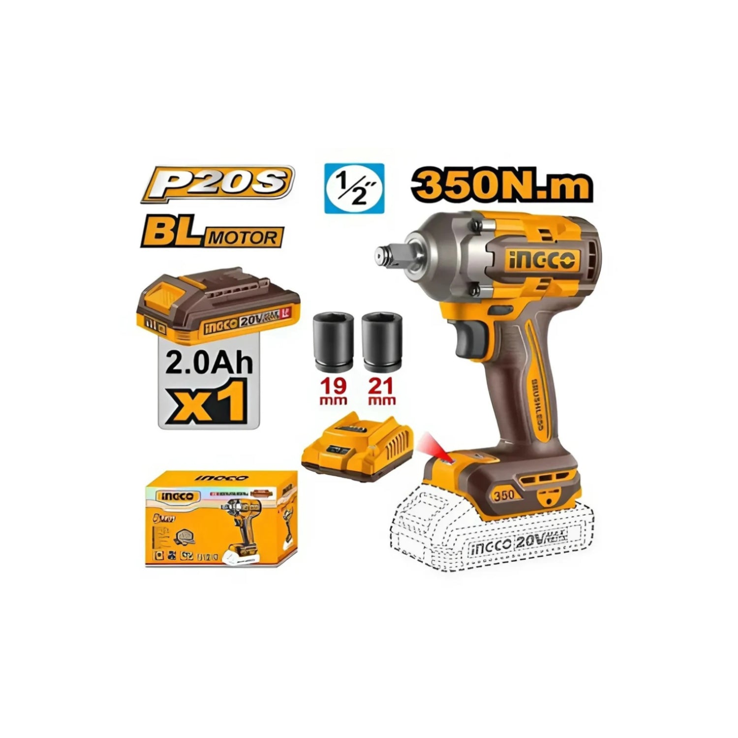 INGCO Cordless Impact Wrench, BL Motor 20V Square drive: 1/2