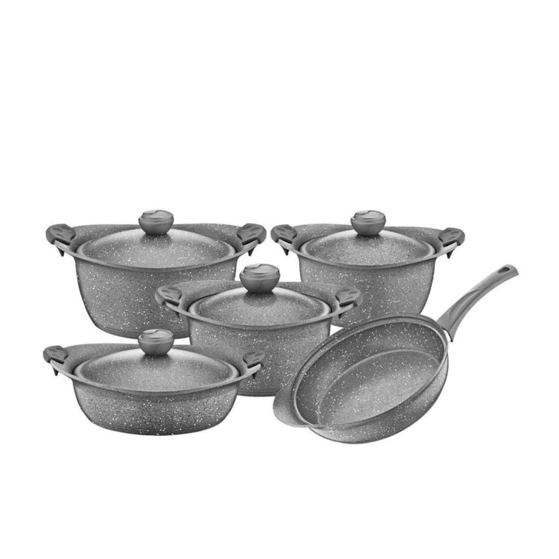 O.M.S. Granite 9 Pcs Cooking Set Pots 28+24+20cm + Shallow Pot 26cm + Frypan 26cm Gray TOM029