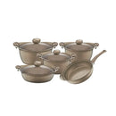 O.M.S. Granite 9 Pcs Cooking Set Pots 28+24+20cm + Shallow Pot 26cm + Frypan 26cm Brown TOM030