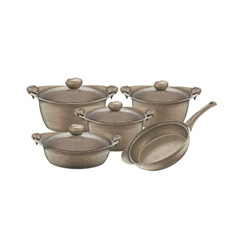 O.M.S. Granite 9 Pcs Cooking Set Pots 28+24+20cm + Shallow Pot 26cm + Frypan 26cm Brown TOM030