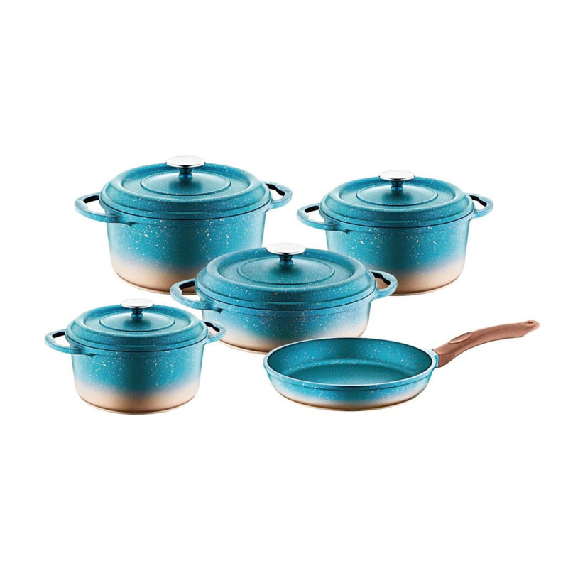O.M.S. Die-Cast Ocaliptus 9 Pcs Cooking Set Pots 28+24+20cm + Shallow Pot 26cm + Frypan 26cm Green TOM032