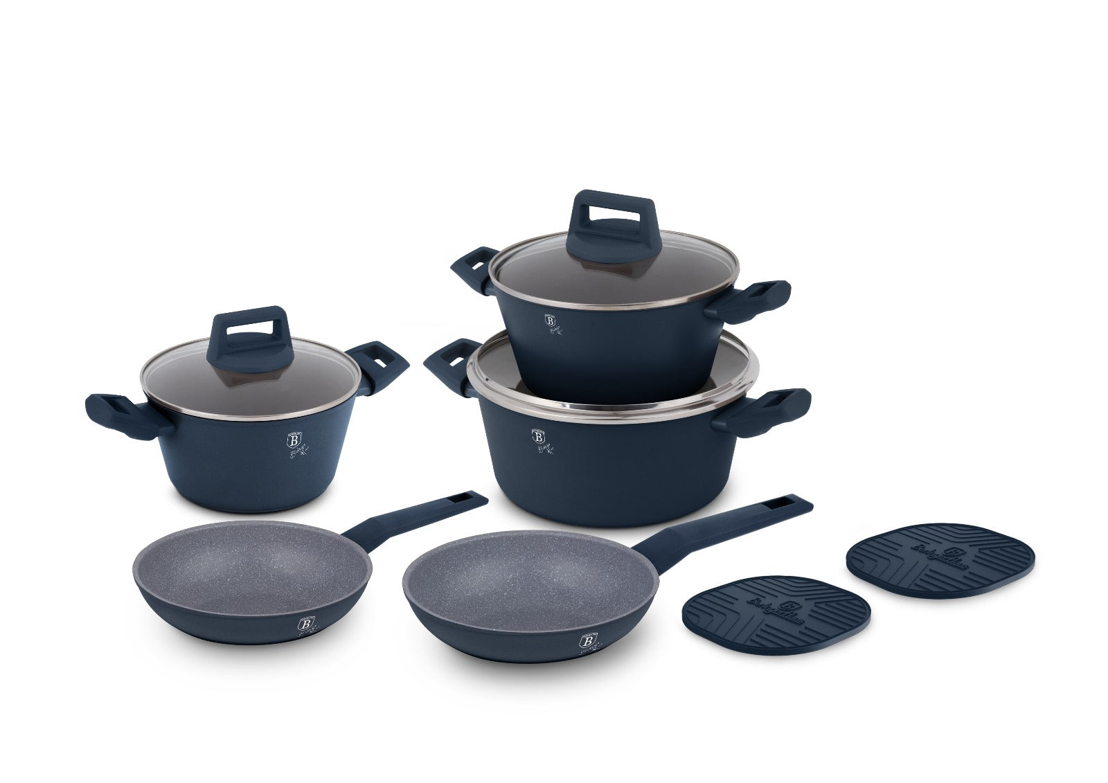 Berlinger Haus Granite 10 Pcs Cookware Set Frypan 20 + 24cm + Casseroles With Lids 20cm (2.2 L) + 24cm (3.5 L) + 28cm (5.35 L) + 2 Pcs Heat Mat Blue TBH324 | Kitchen Appliance Berlinger Haus Granite 10 Pcs Cookware Set Frypan 20 + 24cm + Casseroles With Lids 20cm (2.2 L) + 24cm (3.5 L) + 28cm (5.35 L) + 2 Pcs Heat Mat Blue TBH324 | Kitchen Appliance