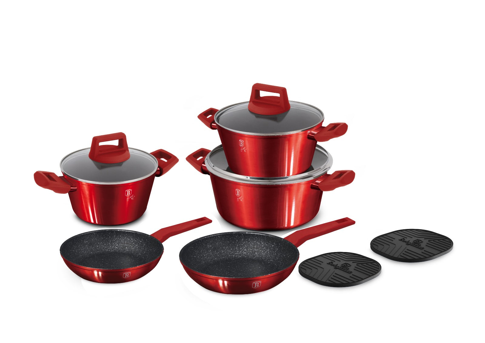 Berlinger Haus Granite 10 Pcs Cookware Set Frypan 20 + 24cm + Casseroles With Lids 20cm (2.2 L) + 24 Cm (3.5 L) + 28cm (5.35 L) + 2 Pcs Heat Mat Red TBH325 | Kitchen Appliance Berlinger Haus Granite 10 Pcs Cookware Set Frypan 20 + 24cm + Casseroles With Lids 20cm (2.2 L) + 24 Cm (3.5 L) + 28cm (5.35 L) + 2 Pcs Heat Mat Red TBH325 | Kitchen Appliance