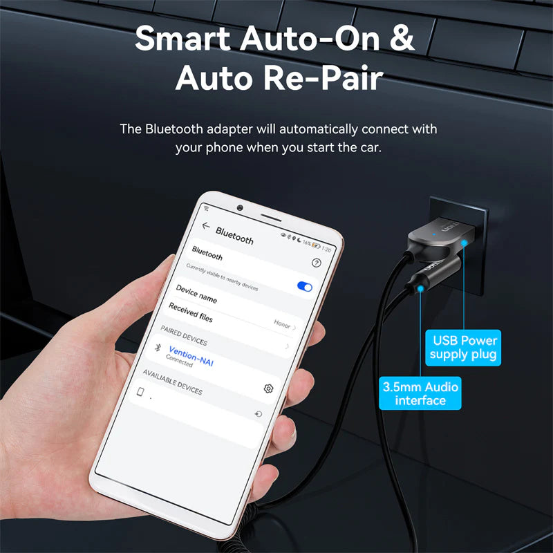 Vention USB Car Bluetooth 5.4 Audio Receiver with Coiled Cable 1.5M Gray Zinc Alloy NAIHG | CABLES & ADAPTERS Vention USB Car Bluetooth 5.4 Audio Receiver with Coiled Cable 1.5M Gray Zinc Alloy NAIHG | CABLES & ADAPTERS