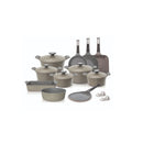 Neoflam 20 Pcs Die-Cast Pote 2024 New Set (Casseroles 20+22+24+26+28cm) + Grill Pan 28 Cm + Frypan 24cm + Wok Pan 26cm + Crepe Pan 26cm + Midas Low Casserole 26cm + Die-cast Ovenware Medium + Silicone Grips 2 Pcs Warm Beige Marble TNE011