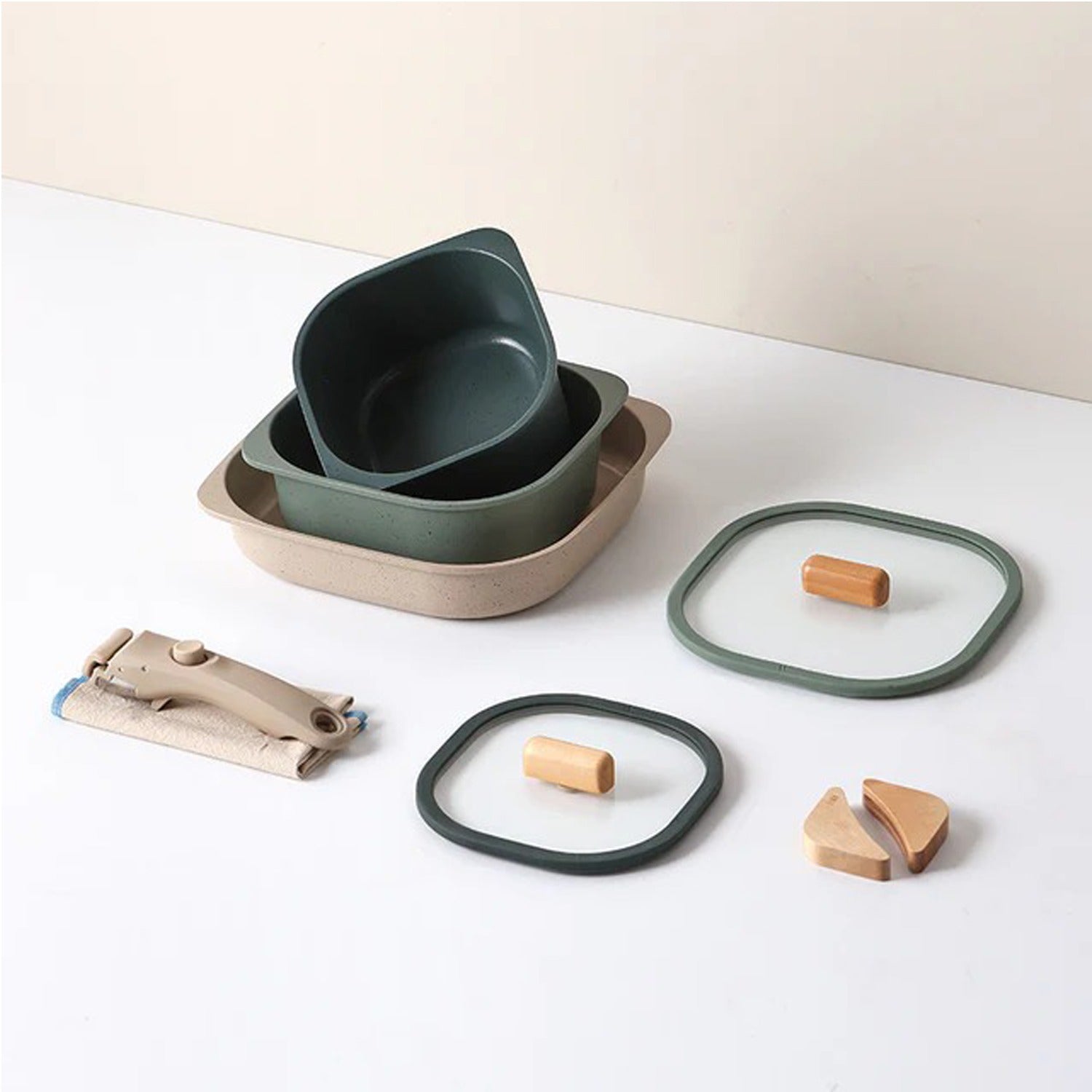 Neoflam 7 Pcs Fika Object Comfort Set Square (Casserole 16cm + Low Casserole 20 Cm + Square Frypan 25cm + Silicone Rim Glass Lids 16cm, 20cm + Detachable Handle + Wood Grip 2 Pcs + Fabric Pan Protector 1 Pc Green Fresh TNE016 | Kitchen Appliance Neoflam 7 Pcs Fika Object Comfort Set Square (Casserole 16cm + Low Casserole 20 Cm + Square Frypan 25cm + Silicone Rim Glass Lids 16cm, 20cm + Detachable Handle + Wood Grip 2 Pcs + Fabric Pan Protector 1 Pc Green Fresh TNE016 | Kitchen Appliance