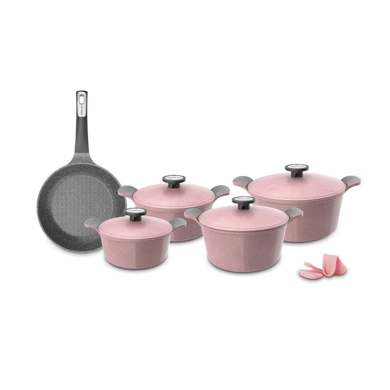 Neoflam 11 Pcs Die-Cast Pote A Set (Casseroles 20+22+24+26cm) + Frypan 26cm + Silicone Grips 2 Pcs Pink Marble TNE004