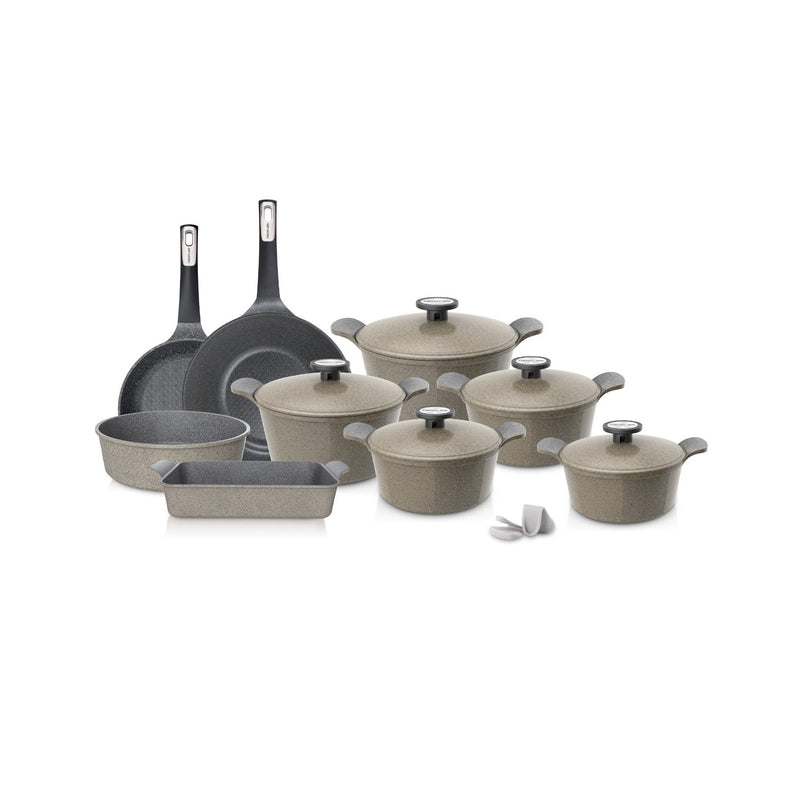 Neoflam 14 Pcs Die-Cast Pote SA Set (Casseroles 20+22+24+26+28cm) + Frypan 26cm + Wok Pan 30cm + Midas Low Casserole 28cm + Die-Cast Ovenware Medium Warm Beige Marble TNE009