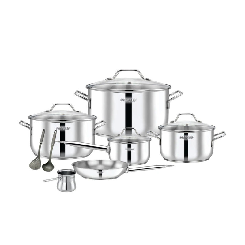 Pradeep 12 Pcs Stainless Steel Cookware Set Glass Lid Pots 28+24 +20cm+ Fry Pan 24 + Saucepan 16cm + Coffee Pot + 2 Pcs Kitchen Tools TPR033