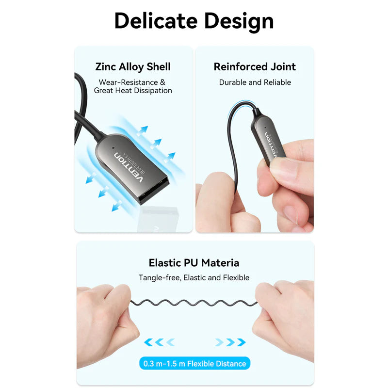 Vention USB Car Bluetooth 5.4 Audio Receiver with Coiled Cable 1.5M Gray Zinc Alloy NAIHG | CABLES & ADAPTERS Vention USB Car Bluetooth 5.4 Audio Receiver with Coiled Cable 1.5M Gray Zinc Alloy NAIHG | CABLES & ADAPTERS