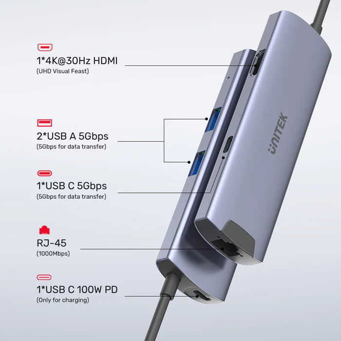 Unitek 6-in-1 USB-C 5Gbps Hub (2*USB-A 5Gbps + USB-C 5Gbps + HDMI 4K 30Hz + Gigabit Ethernet + PD 100W), Space Gray, Unitek Gift Box H1112F