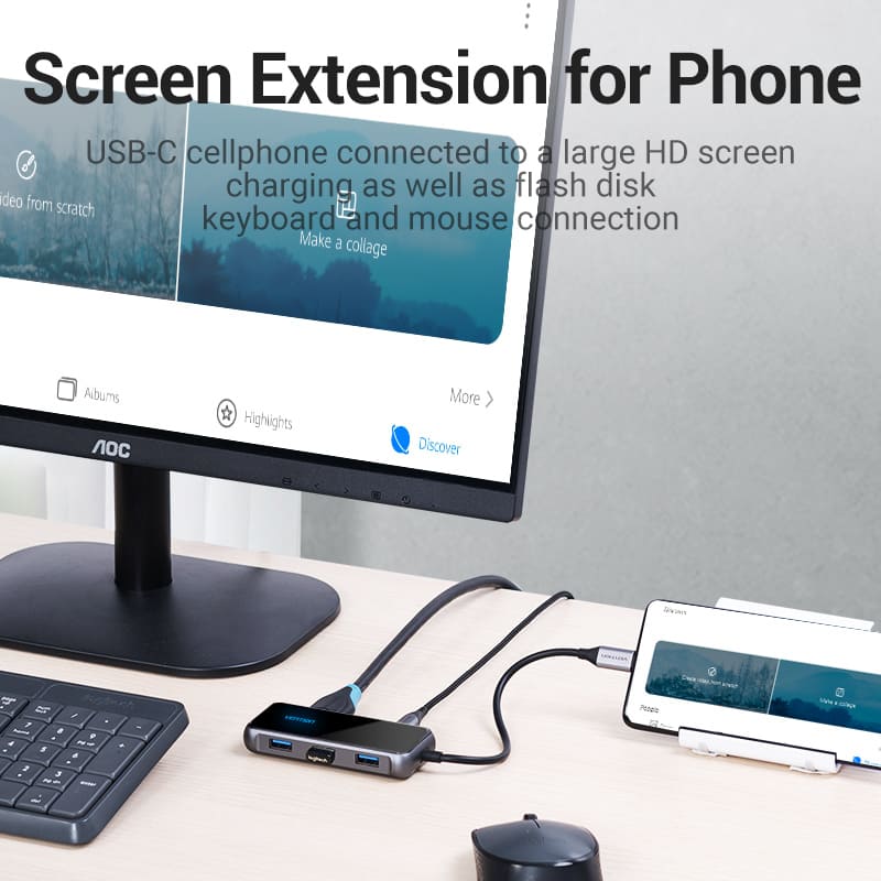 Vention USB-C to HDMI (4K-60Hz) / USB3.0x3 / RJ45 / PD Docking Station 0.15M Gray Mirrored Surface TFFHB