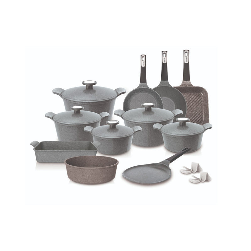Neoflam 20 Pcs Die-Cast Pote 2024 New Set (Casseroles 20+22+24+26+28cm) + Grill Pan 28 Cm + Frypan 24cm + Wok Pan 26cm + Crepe Pan 26cm + Midas Low Casserole 26cm + Die-cast Ovenware Medium + Silicone Grips 2 Pcs Grey Marble TNE010